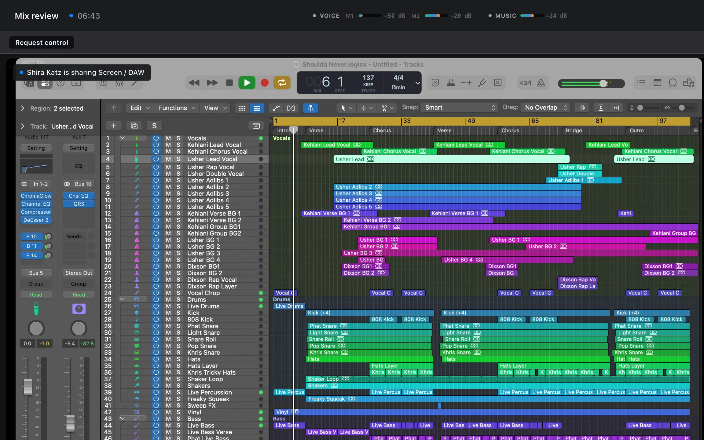 A Logic Pro session shared in JaMeet, with the voice and music level meters above it.