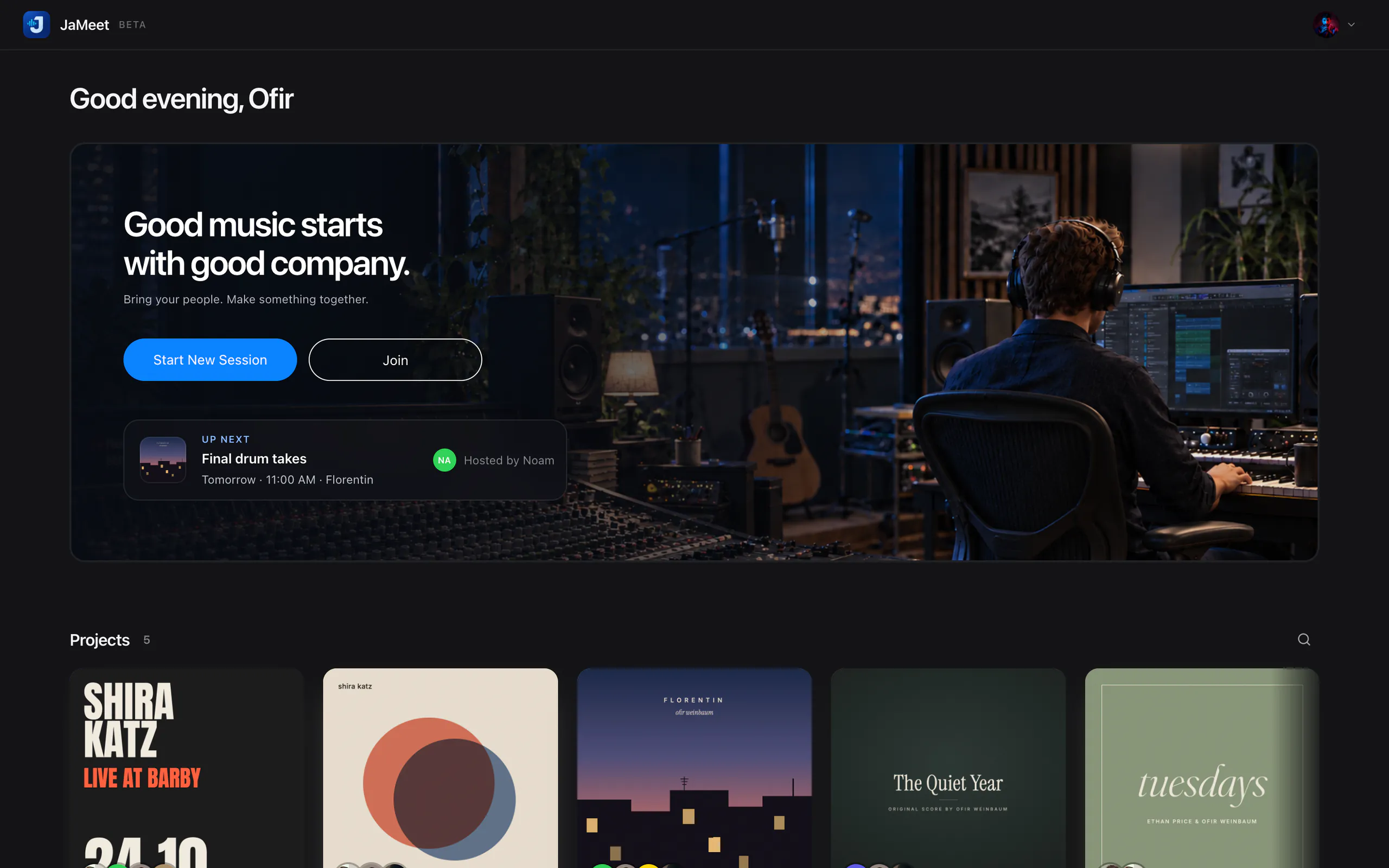The JaMeet home screen, with projects, scheduled sessions and recent sessions.