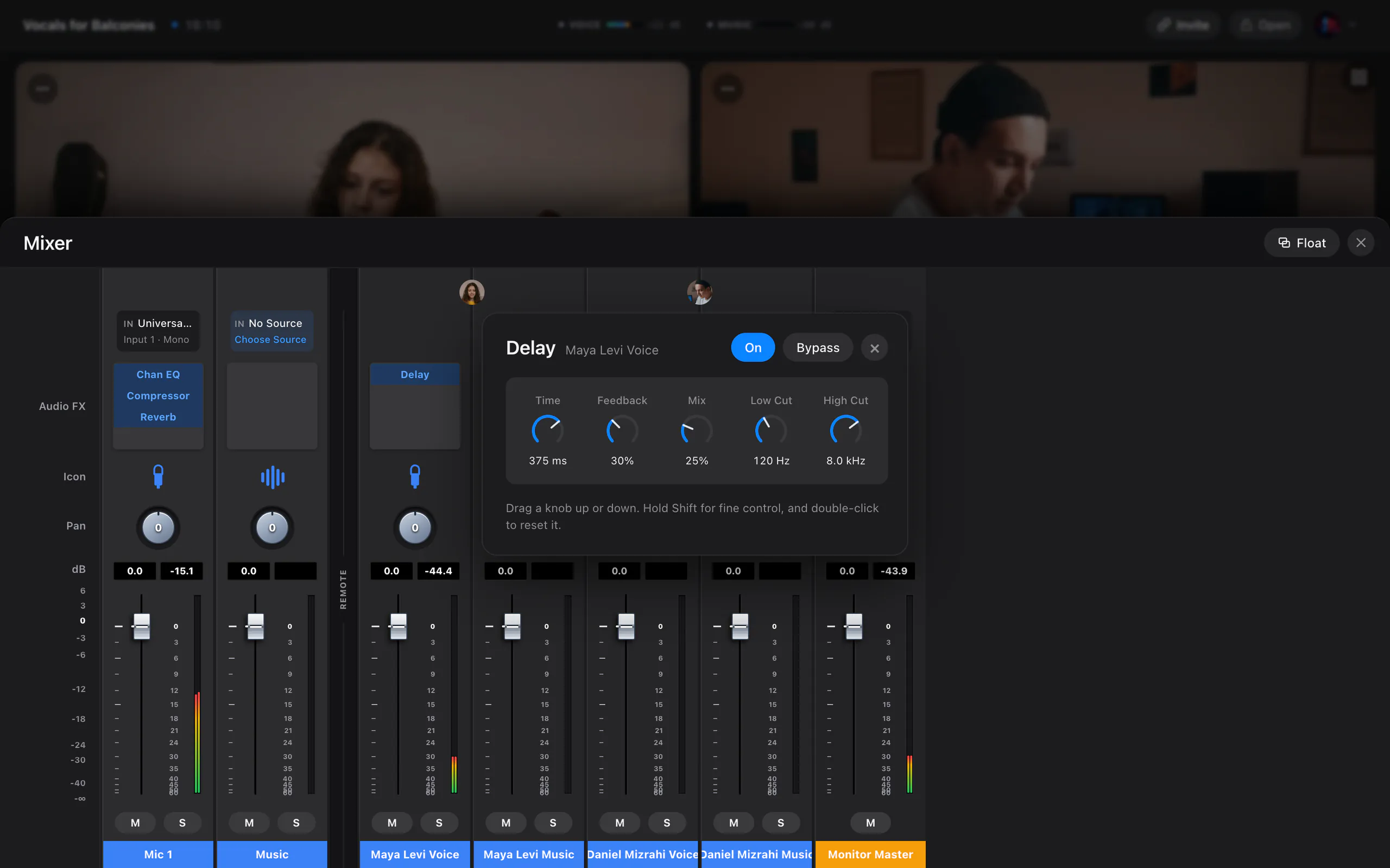 The JaMeet Studio Mixer, with a channel strip for each microphone, source and musician.