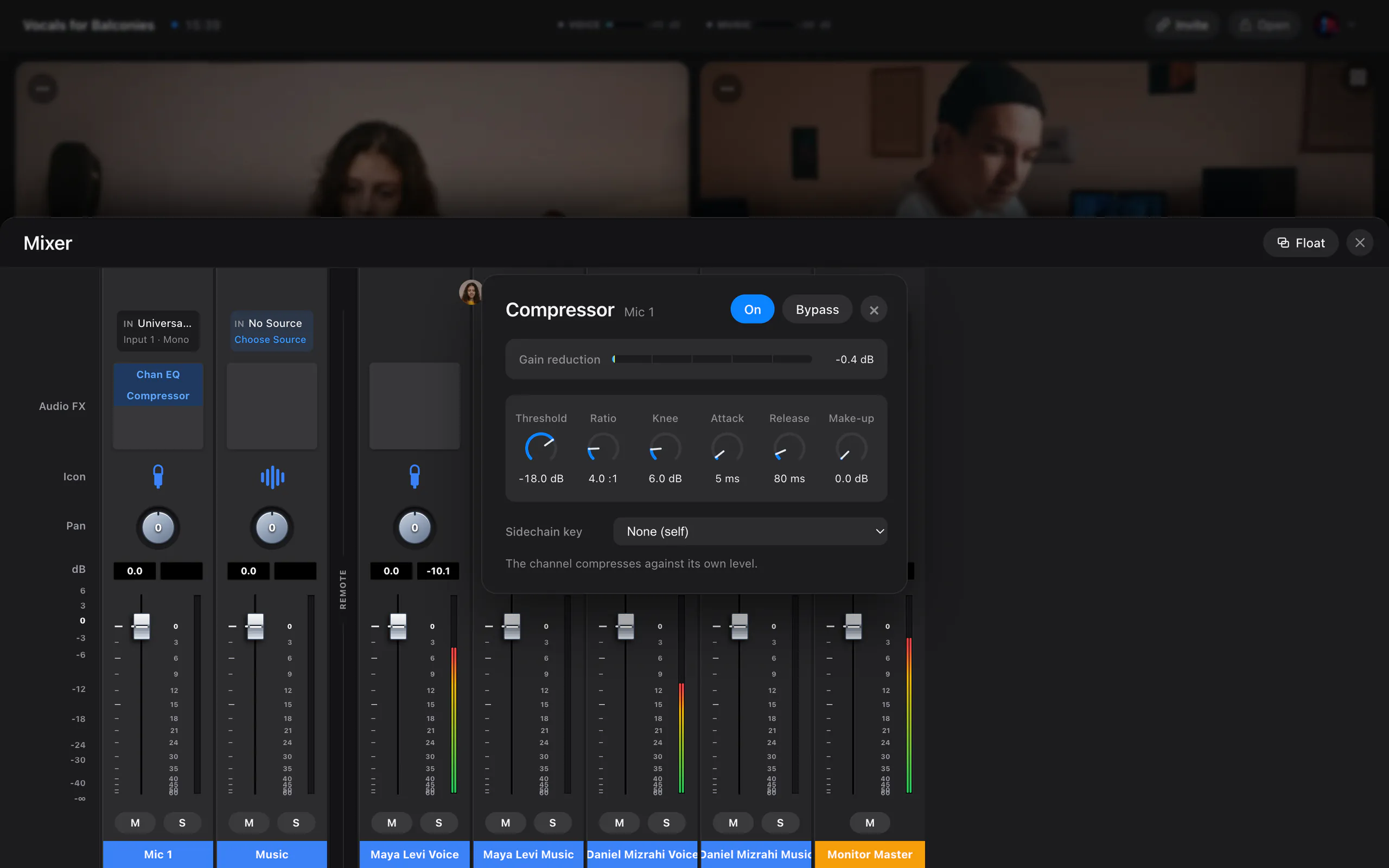 The Compressor open over the Studio Mixer, with gain reduction and a sidechain key.
