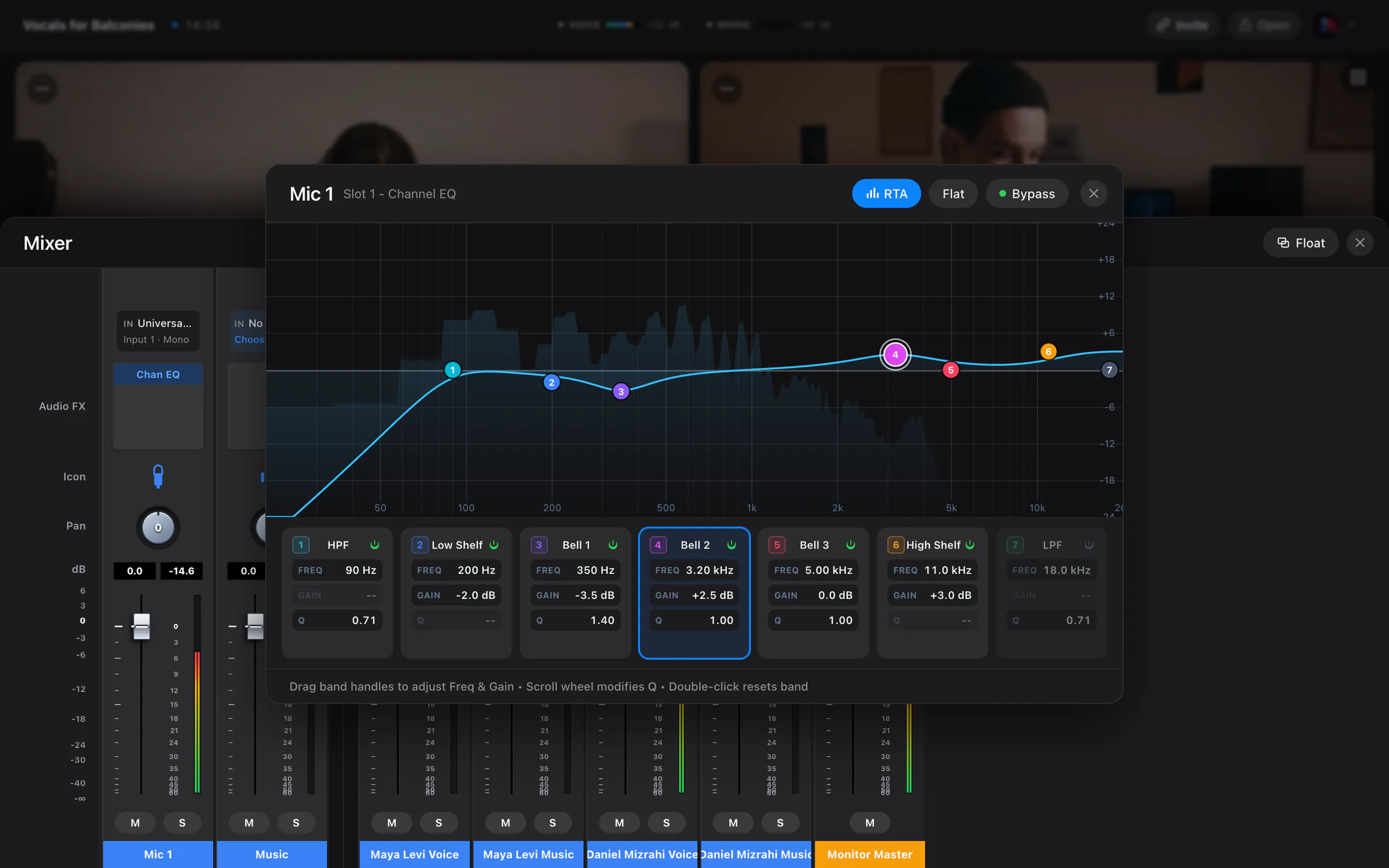 The seven-band Channel EQ open over the Studio Mixer, with its curve and live analyser.