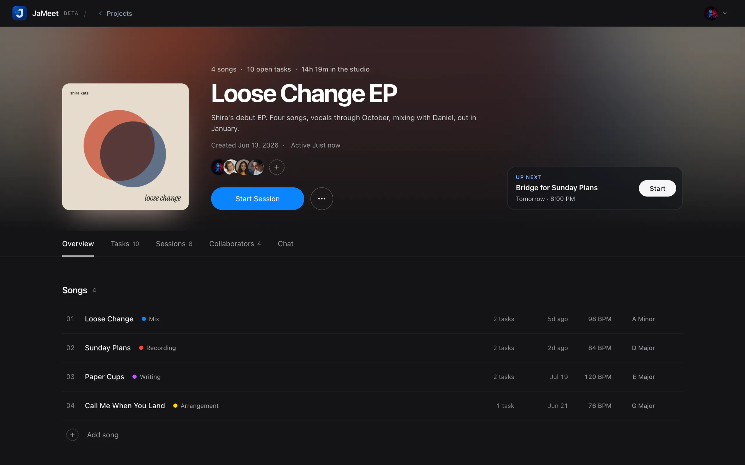The Loose Change EP project page, with its cover, members, the next session and its songs.