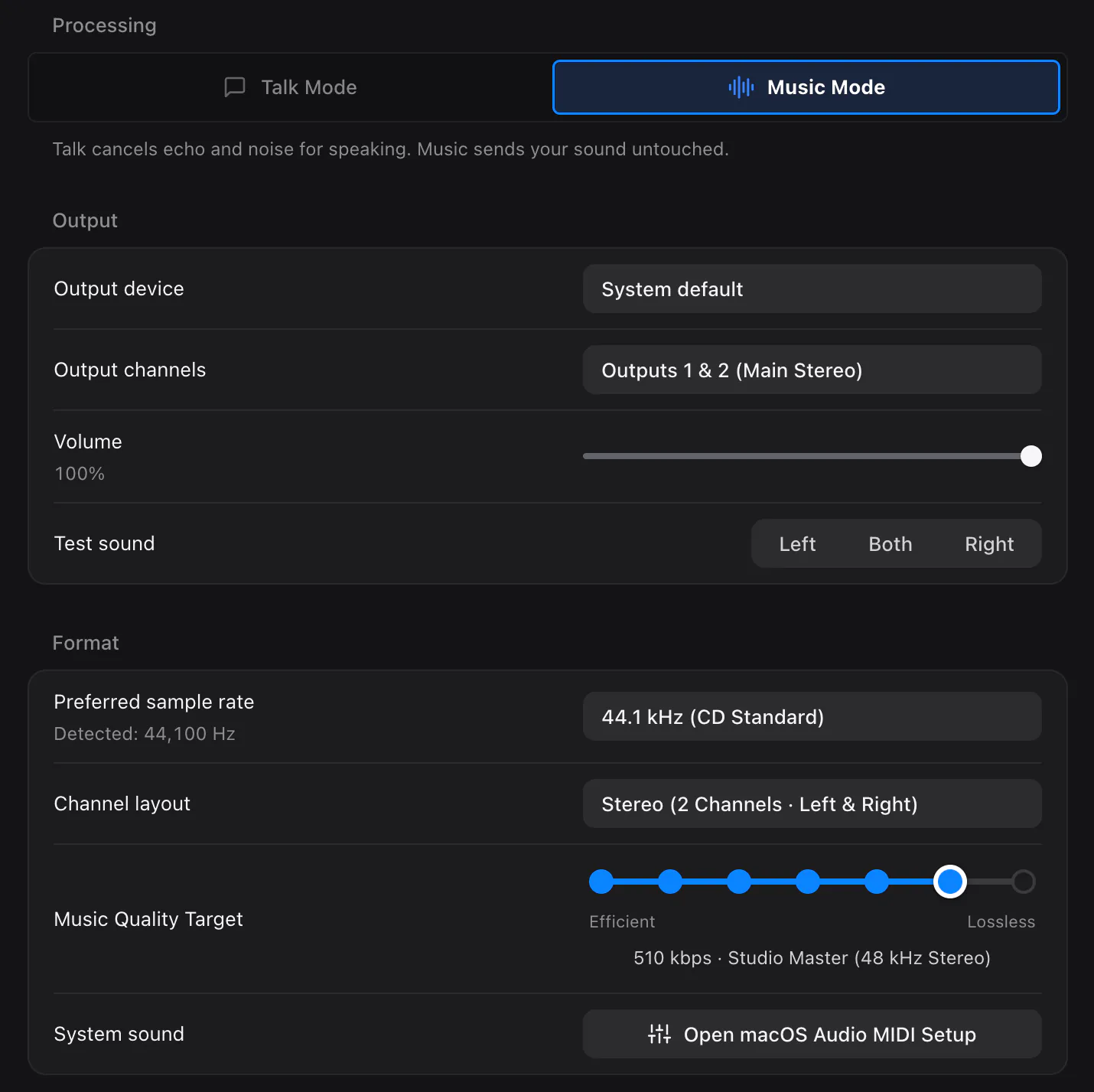 Settings › Audio with Music Mode on and the Music Quality Target slider, from Efficient to Lossless.