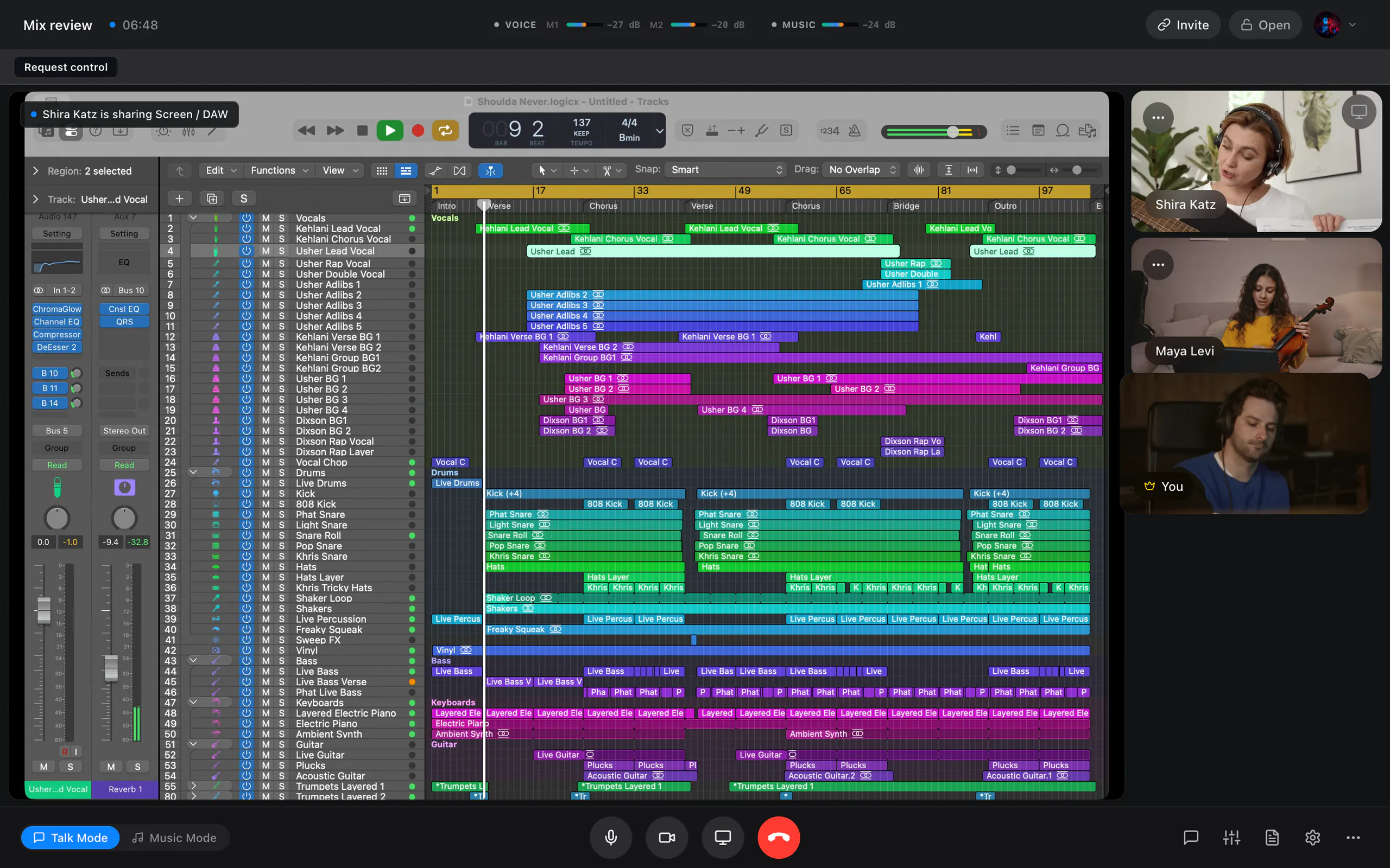 A Logic Pro window shared in a JaMeet session, with the Request control button above it.