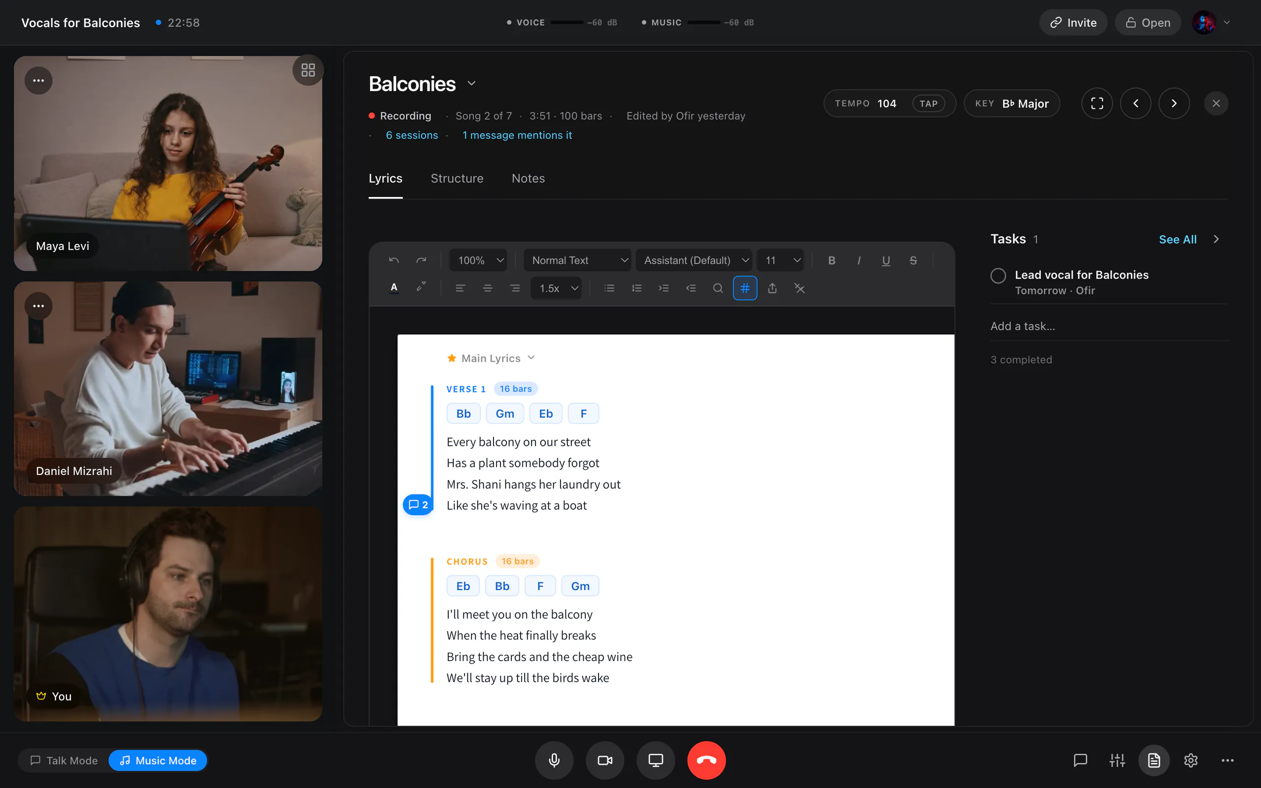 A JaMeet session with the song Balconies open beside the camera tiles: lyrics, chords and tasks.