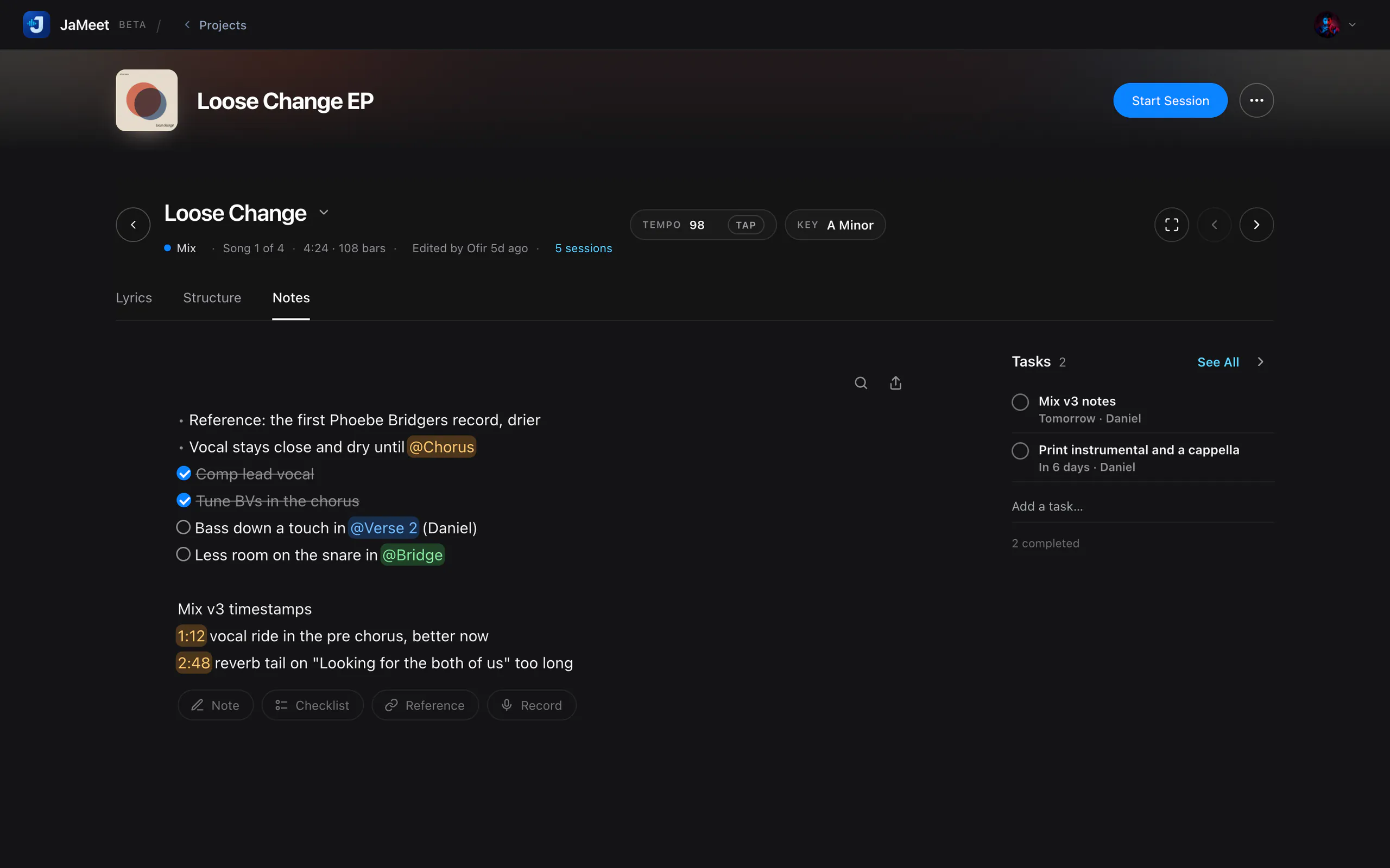 A song’s notes, with a checklist, section mentions and timestamps.