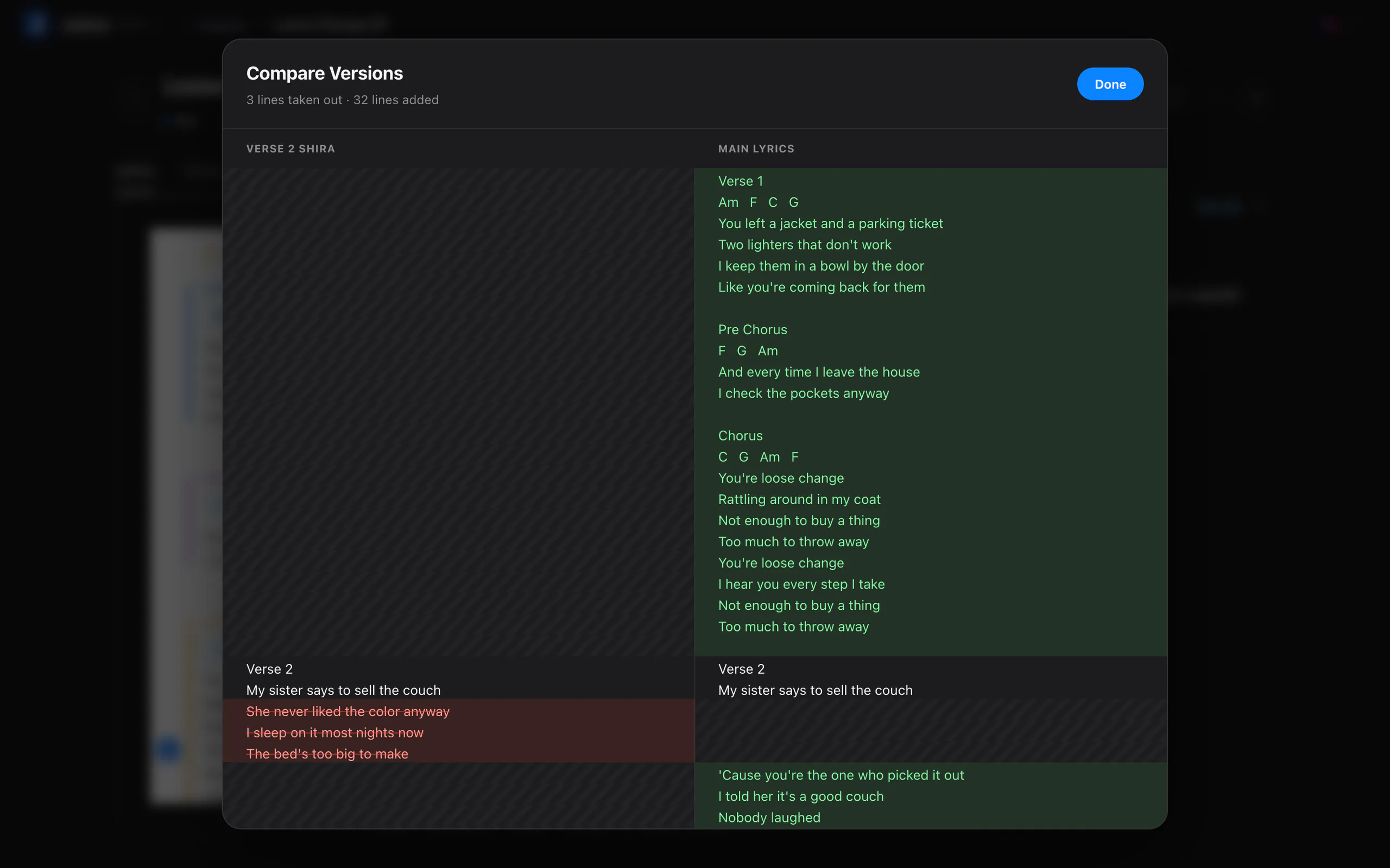 Two versions of a song’s lyrics compared side by side, with lines added and taken out.