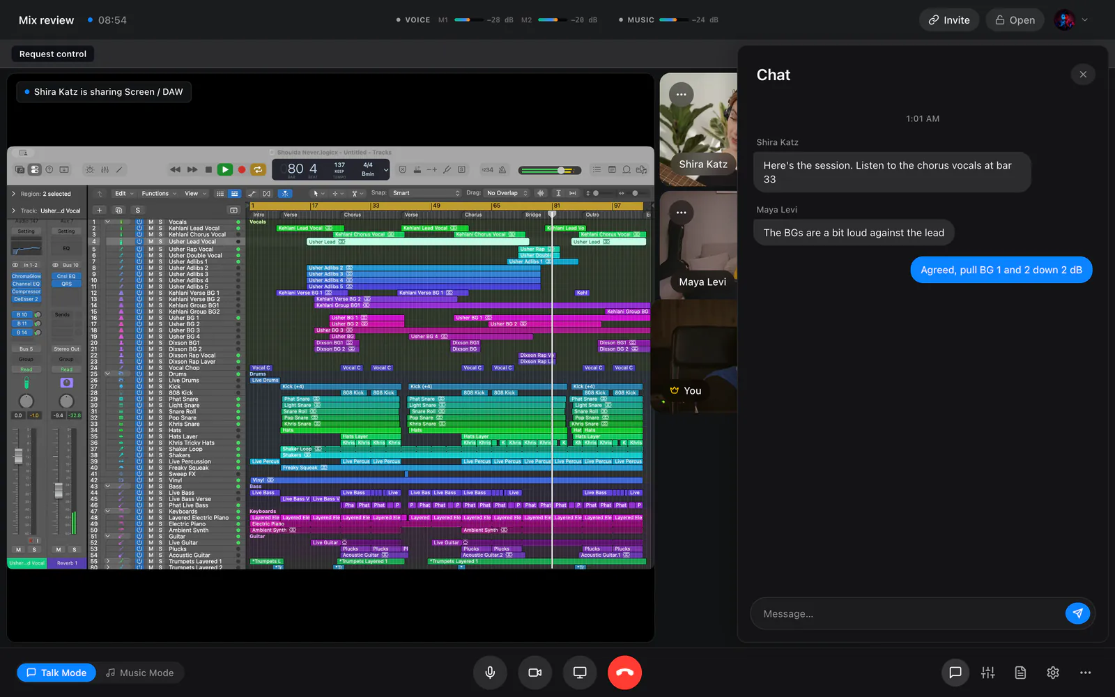 A Logic Pro session shared in JaMeet, with the chat open beside it.
